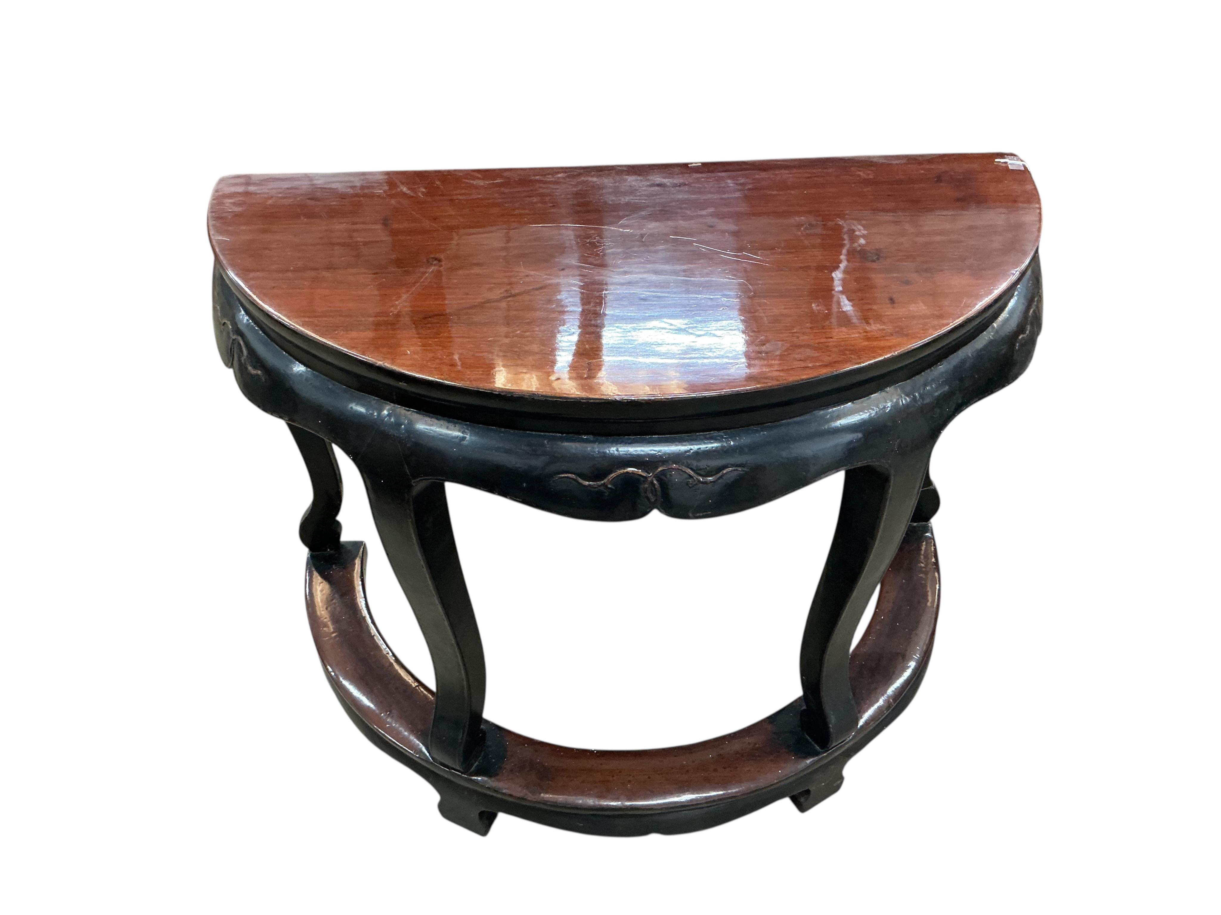 A pair of Chinese demi lune side tables, width 109cm, depth 56cm, height 84cm